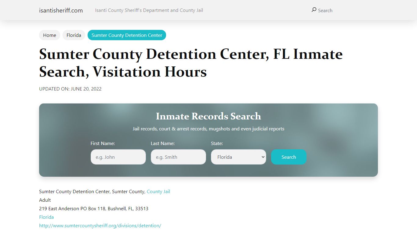 Sumter County Detention Center, FL Inmate Search, Visitation Hours